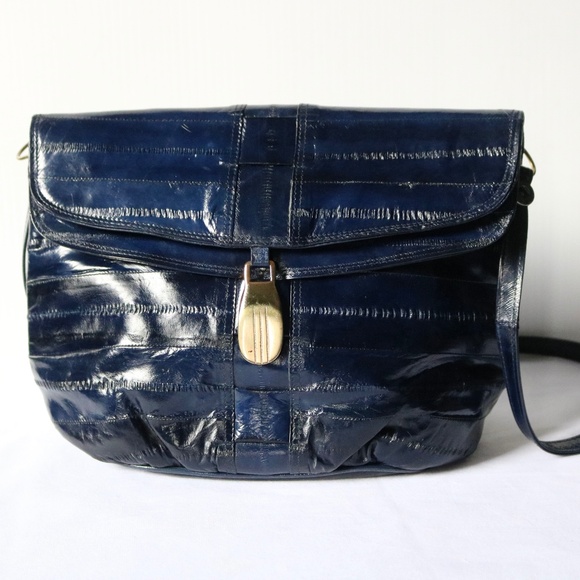 Vintage Genuine Eel Skin Leather Shoulder Crossbody Bag Purse Navy Blue 80s - Picture 1 of 11